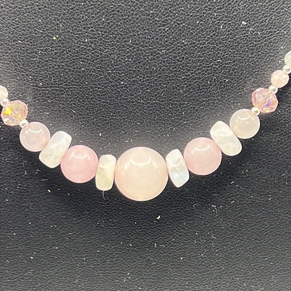 ROSE QUARTZ, MOONSTONE, MORGANITE, PINK AB CRYSTAL, AND STERLING NECKLACE 17” - Picture 5 of 15